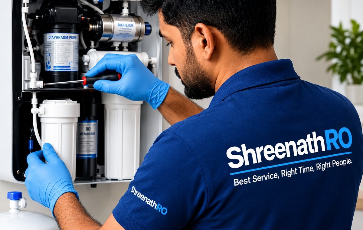 ShreenathRO technician servicing an RO purifier in Ratlam